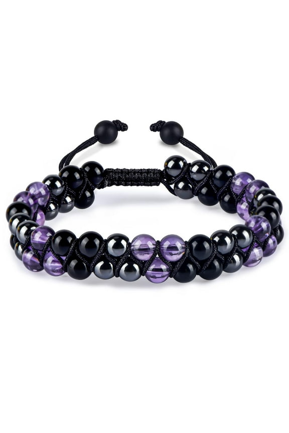 Triple Protection Bracelet for Women, Genuine Healing Crystal Bracelet Amethyst Black Obsidian Hematite 6mm, Pyramid Energy Crystal Beads Bracelet Christmas Gifts for Mom Wife for Protection Balance