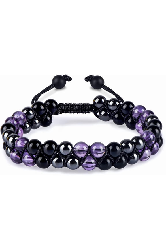 Triple Protection Bracelet for Women, Genuine Healing Crystal Bracelet Amethyst Black Obsidian Hematite 6mm, Pyramid Energy Crystal Beads Bracelets Stone Bracelets for Mom Wife for Protection Balance