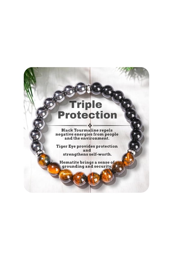 Triple Protection Tiger Eye, Black Tourmaline, and Hematite Bracelet, Strength, Protection & Balance for Men & Women, Gifts for Mothers Fathers Day, Christmas, Birthdays, Anniversary
