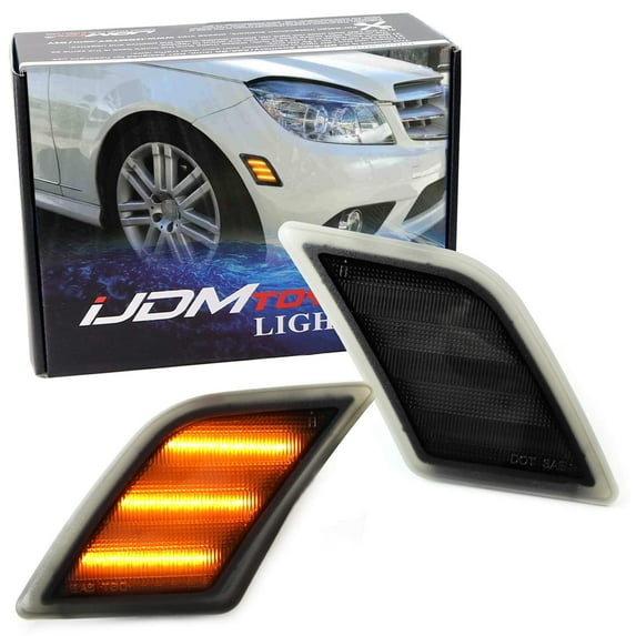 Triple-Row Amber Full LED Side Markers, For Mercedes 2008-2011 W204 C250 C300 C350 & 2008-2013 C63 AMG, Smoked Lens, Replace OEM Amber Sidemarker Lamps