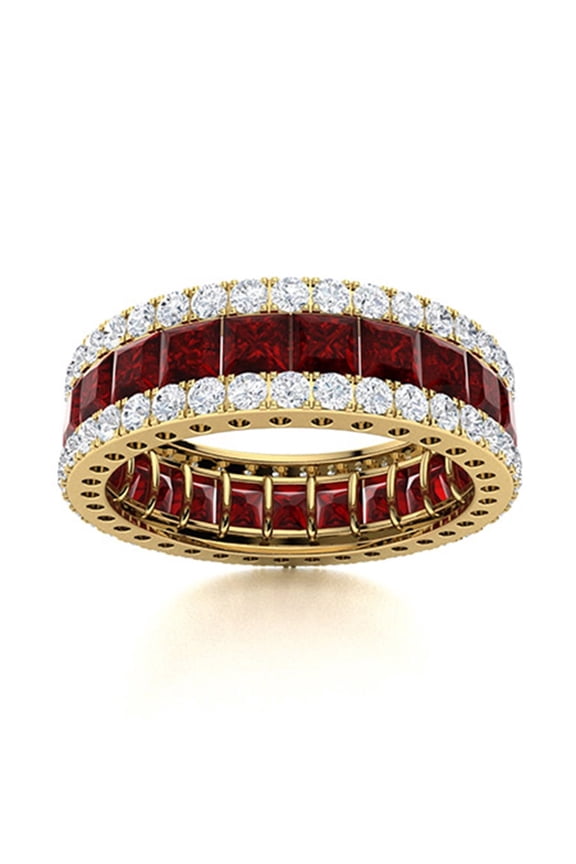Triple Row Square Garnet & Round CZ 925 Sterling Silver Gold Vermeil Women Wedding Ring