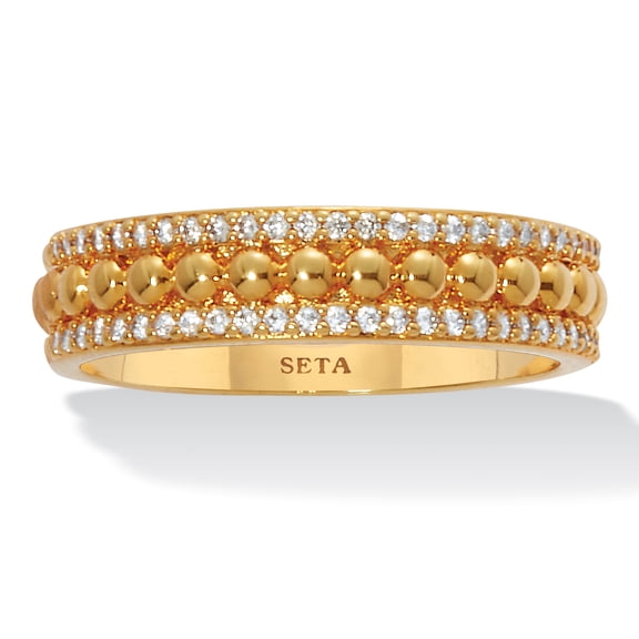 Triple Row Yellow Gold-Plated Round Crystal Band Ring