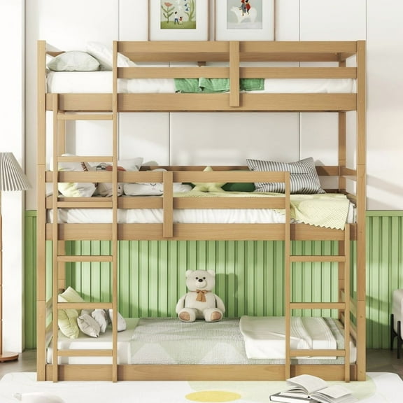 [Luckynote]Triple Rubber Wood Bunk Bed with Two Built-in Ladders, Guardrails, Twin over Twin over Twin, Detachable Triple Twin Bunk Bed,Natural