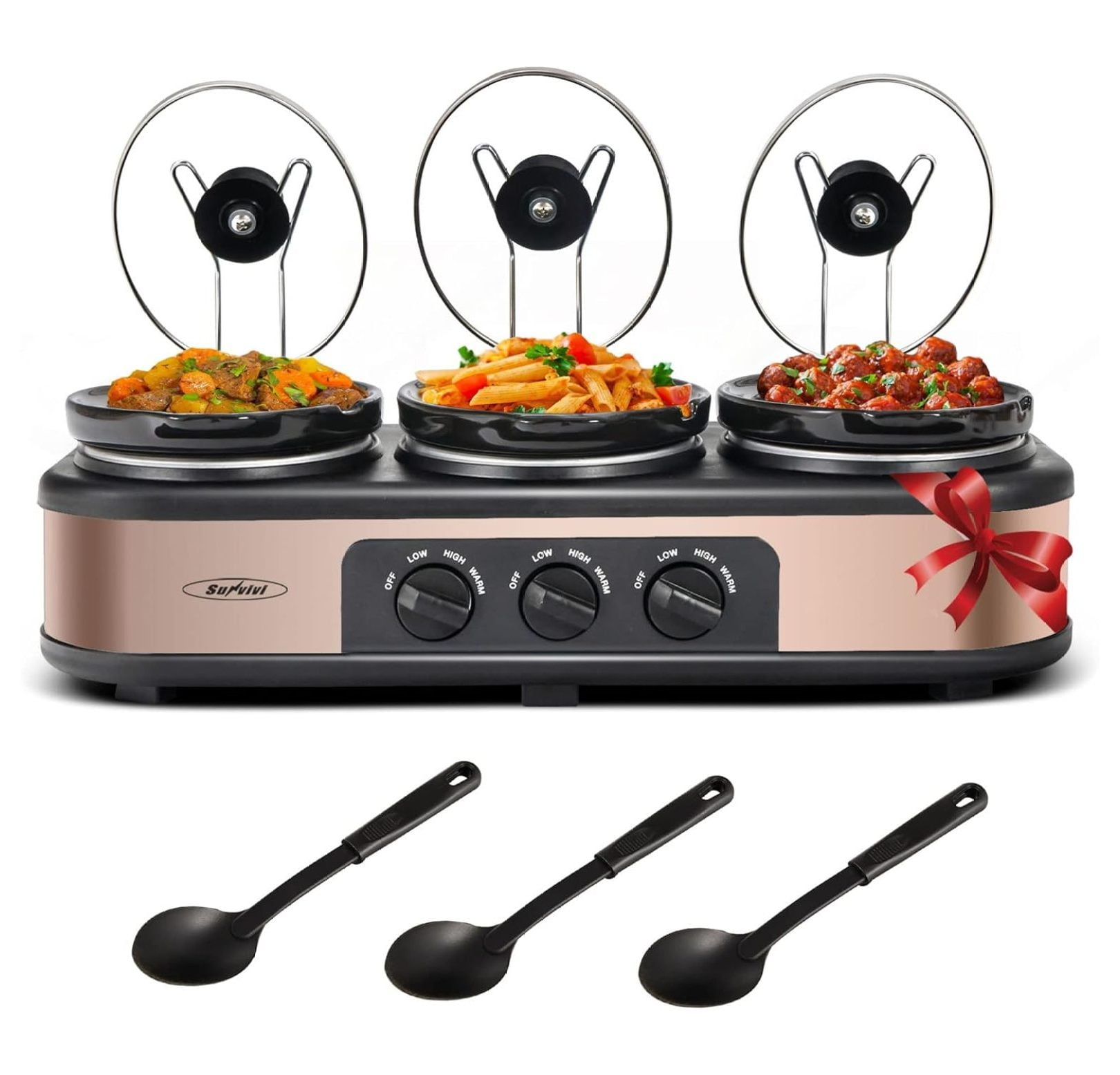 Triple Slow Cooker with 3 Spoons,3 Pot Crock Food Warmers Buffet Server, Mini Slow Cooker Pot