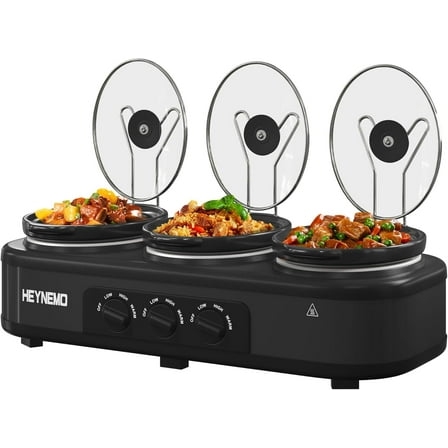 Triple Slow Cooker, 3 X 1.5QT Slow Cooker with 3 Cooking Settings, Buffet Servers and Warmers with Dishwasher-Safe Ceramic Pot, Glass Lid, Black