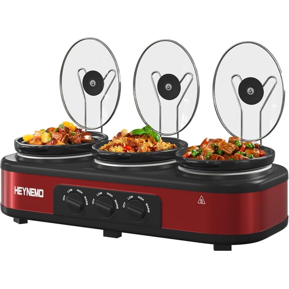 Triple Slow Cooker, 3 X 1.5QT Slow Cooker with 3 Cooking Settings, Buffet Servers and Warmers with Dishwasher-Safe Ceramic Pot, Glass Lid, Red