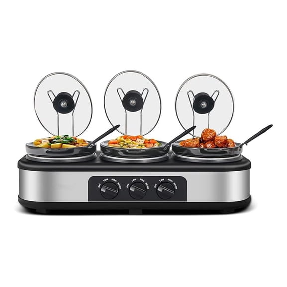 Triple Slow Cooker, 3x1.5Qt Buffet Servers & Warmers, Stainless Steel, Tempered Glass Lids, Adjustable Temp Control, Dishwasher Safe