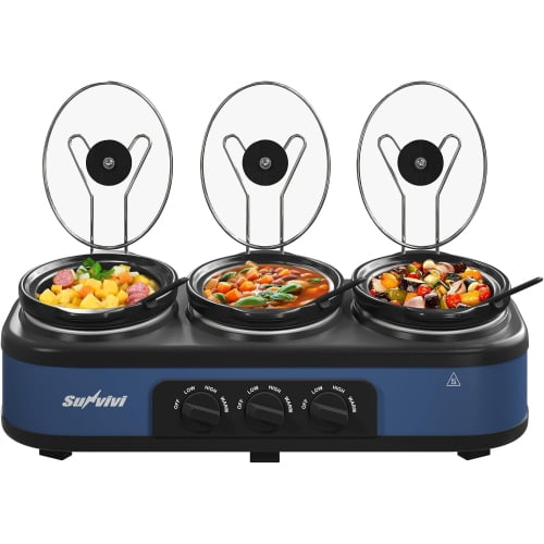 Triple Slow Cooker Buffet Food Warmer, 3 x 1.5 QT Removable Ceramic Pots, Independent Temperature Control, Stainless Steel Buffet Server with Glass Lids & 3 Serving Spoons, Blue
