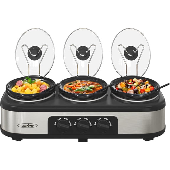 Triple Slow Cooker Buffet Server with 10 Cooking Liners, Adjustable Temperature Settings, for Parties, Holidays and Entertaining, Dishwasher Safe, 3 * 1.5 Quarts Silver