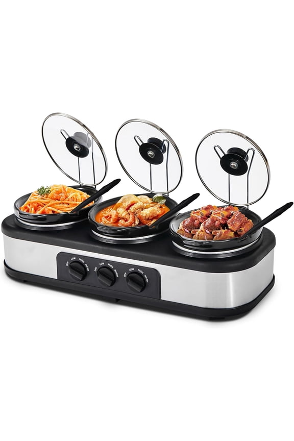 Triple Slow Cooker Buffet Server Food Warmer with 3 Adjustable Temperature Modes, Slow Cooker with 1.5 QT Ceramic Pot, Removeable Glass Lid and 3 PVC Spoons, Dishwasher Safe, Stainless Steel