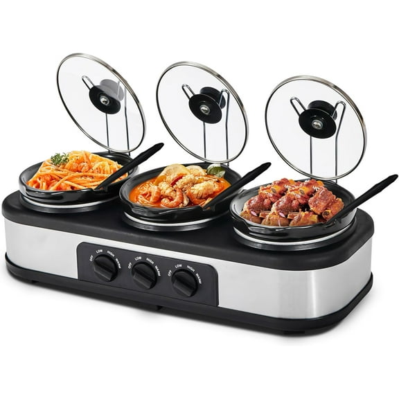 Triple Slow Cooker Buffet Server Food Warmer with 3 Adjustable Temperature Modes, Slow Cooker with 1.5 QT Ceramic Pot, Removeable Glass Lid and 3 PVC Spoons, Dishwasher Safe, Stainless Steel