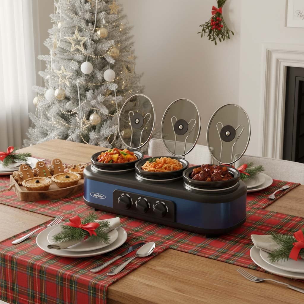 Sunvivi Triple Slow Cooker Buffet Server with Removable Ceramic Pots, 3 x 1.5 Qt, Blue