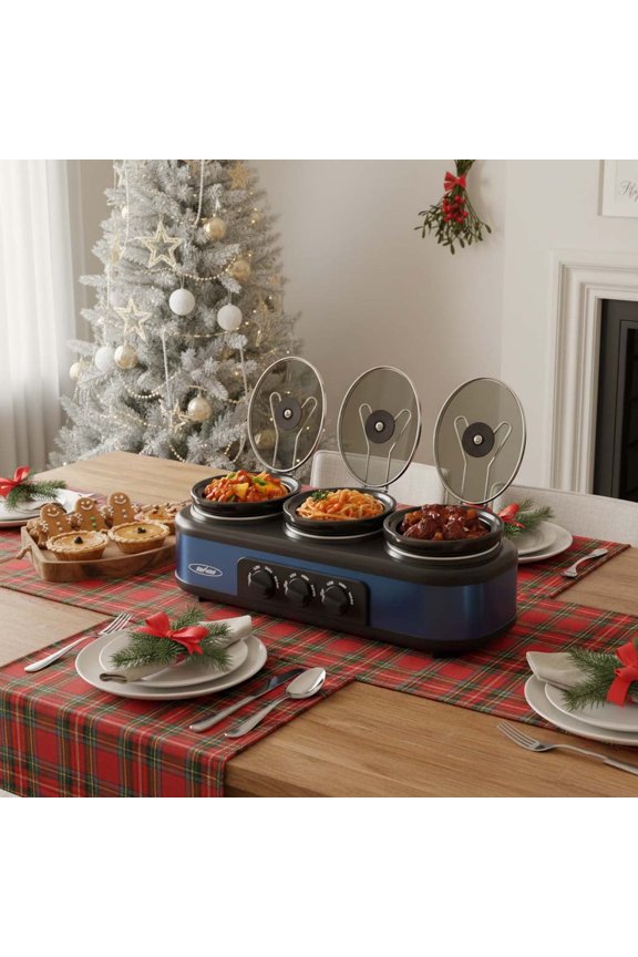 Triple Slow Cooker Buffet Server with Removable Ceramic Pots, 3 x 1.5 Qt, Blue