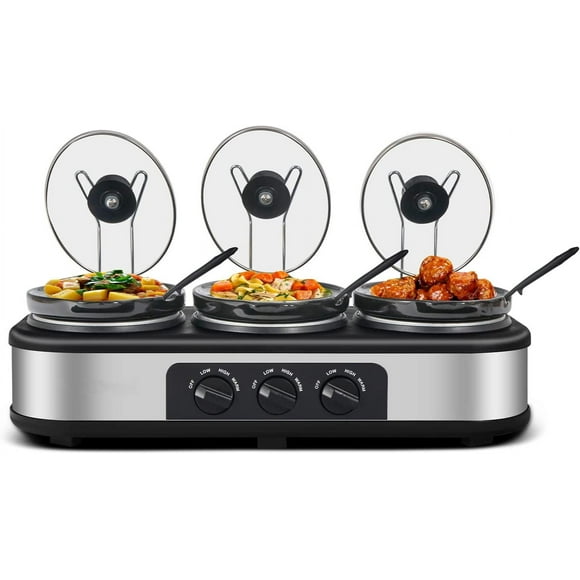 Triple Slow Cooker with Lid Rests, Breakfast Buffet Servers and Warmers with 3 X 1.5Qt, Tempered glass lids & 3 Adjustable Temp, Dishwasher Safe, Stainless Steel