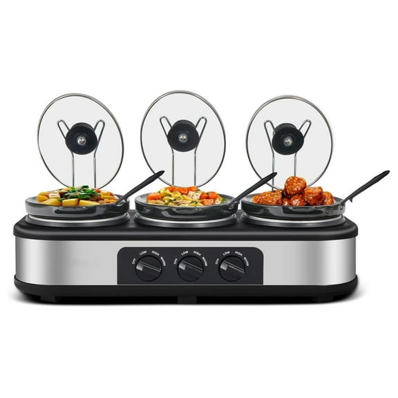 Triple Slow Cooker with Lid Rests, Breakfast Buffet Servers and Warmers with 3 X 1.5Qt, Tempered glass lids & 3 Adjustable Temp, Dishwasher Safe, Stainless Steel