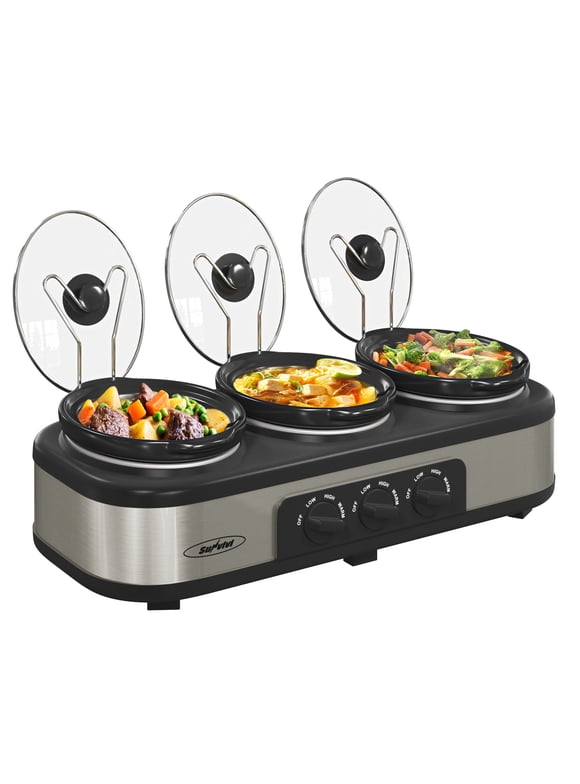 Royalcraft Triple Slow Cooker with 3 Spoons, 3 Pot 1.5 Quart Oval Crock Food Warmer Buffet Server, Stainless Steel