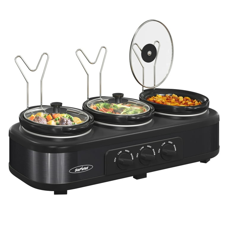 Triple Slow Cooker with 3 Spoons, 3 Pot 1.5 Quart Oval Crock Food Warmer  Buffet Server, Stainless Steel