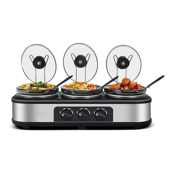 Triple Slow Cooker with Lids, 4.5 Quart Buffet Server Warmer - 3 x 1.5Qt Stainless Steel Pots, Adjustable Temp, Dishwasher Safe