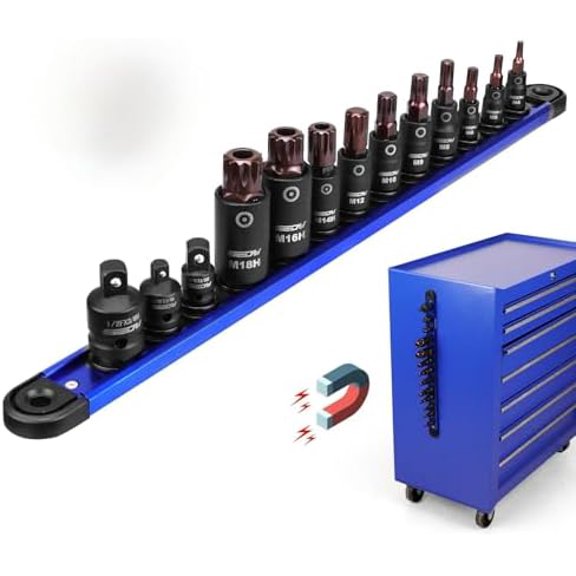 Triple-Square Spline Bit Socket Set: 13-Piece Socket Set with Magnetic Socket Rail Organizer, 1/4,3/8,1/2-inch Drive M4-M18 12 Point Bit Socket Set for Garages Workshops