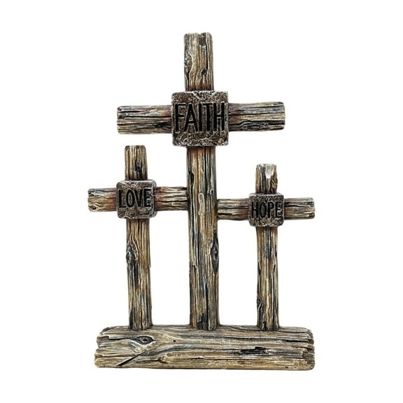 Triple Standing Cross with Engraved Words Faith, Love, Hope Rustic Design – Resin Faux Wood Inspirational Décor for Home, Office, or Church – Ideal Gift for Spiritual and Religious Settings