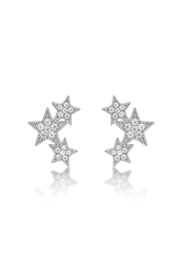 Triple Star Cubic Zirconia Stud Earrings - 13mm - Sterling Silver