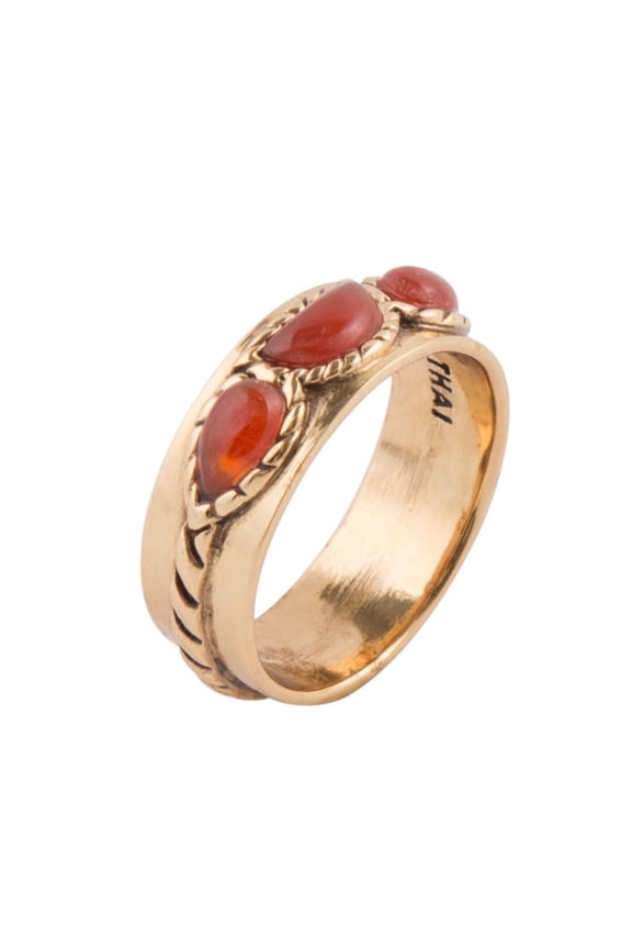 Triple Stone Orange Carnelian and Golden Ring