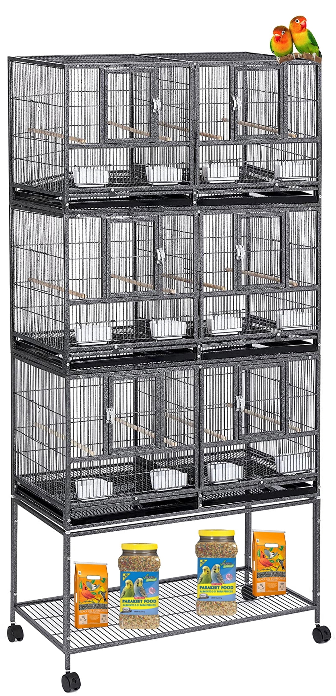 Triple Story Stackable Center Divided Breeder Breeding Bird Flight Rolling Cage With Side Breeding Nest Doors for Canaries Cockatiels Lovebirds Finches Budgies Small Parrots