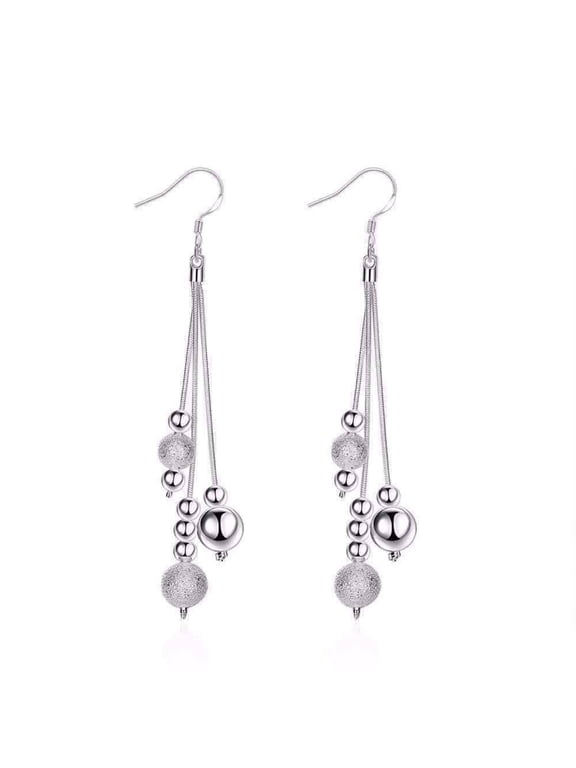 Triple Strand Silver Beaded Chains French Hook Earrings for Women Special Occasion Everyday Wear