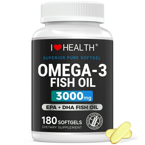 3000mg Omega-3 Fish Oil with EPA & DHA - Promotes Brain & Heart Health - Non-GMO - 180 Softgels