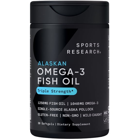 Sports Research® Triple Strength Omega 3 Fish Oil 1250mg Wild Alaska Pollock Burpless (30 Softgels)