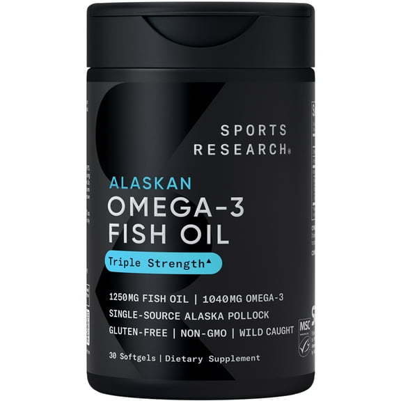 Sports Research® Triple Strength Omega 3 Fish Oil 1250mg Wild Alaska Pollock Burpless (30 Softgels)