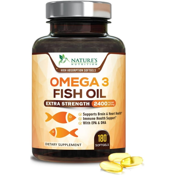 Triple Strength Omega 3 Fish Oil - 2400 mg Natural Omega-3 Supplements Support Brain, Heart & Joint Health with EPA & DHA Essential Fatty Acids - Lemon Flavor, Burpless, Wild Caught - 180 Softgels