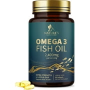 Triple Strength Omega 3 Fish Oil 2400 mg Softgels, Nature's Fish Oil Supplements, Brain & Heart Health Support - EPA & DHA, 1200 MG Fish Oil in Each Softgel, Omega-3 Supplement - 60 Fish Oil Softgels