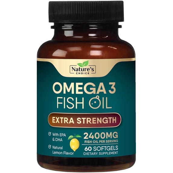 Omega 3 Fish Oil Supplement 2400 mg - Triple Strength EPA & DHA Fish Oil Omega 3, Essential Fatty Acids Supplement Softgels, Brain & Heart Health Support Supplements, Gluten Free Non-GMO, 60 Softgels