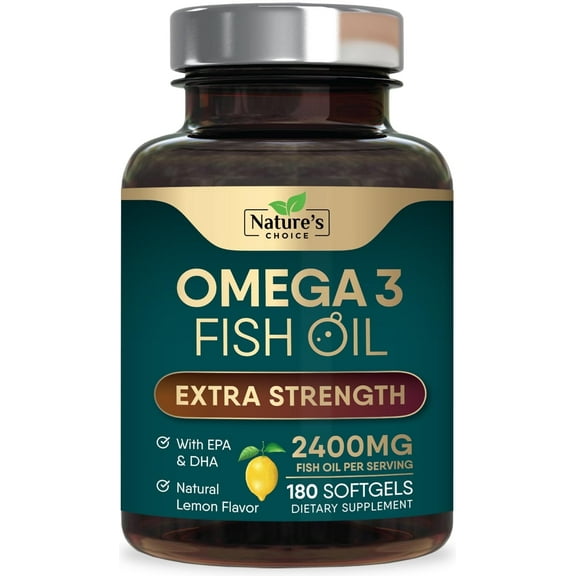 Omega 3 Fish Oil Supplement 2400 mg, Triple Strength EPA & DHA Fish Oil Omega 3, Essential Fatty Acids Supplement Softgels, Brain & Heart Health Support Supplements, Gluten Free Non-GMO, 180 Softgels