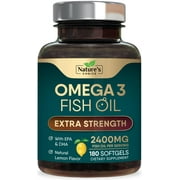 Triple Strength Omega 3 Fish Oil Supplement, EPA & DHA Fish Oil Omega 3 Essential Fatty Acids Supplement Softgels, 2400 mg Brain & Heart Health Support Supplements, Gluten Free, Non-GMO, 180 Softgels