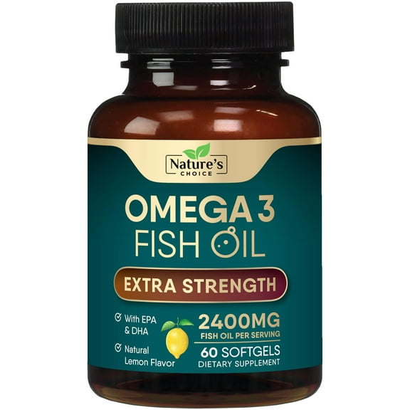 Omega 3 Fish Oil Supplement 2400 mg - Triple Strength EPA & DHA Fish Oil Omega 3, Essential Fatty Acids Supplement Softgels, Brain & Heart Health Support Supplements, Gluten Free Non-GMO, 60 Softgels