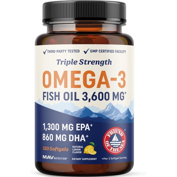Triple Strength Omega 3 Fish Oil 3600 mg | EPA & DHA | Over 2100mg Omega-3 Fatty Acids | 1300mg EPA + 860mg DHA | Burpless Fish Oil Omega 3 Supplements | 120 Ct