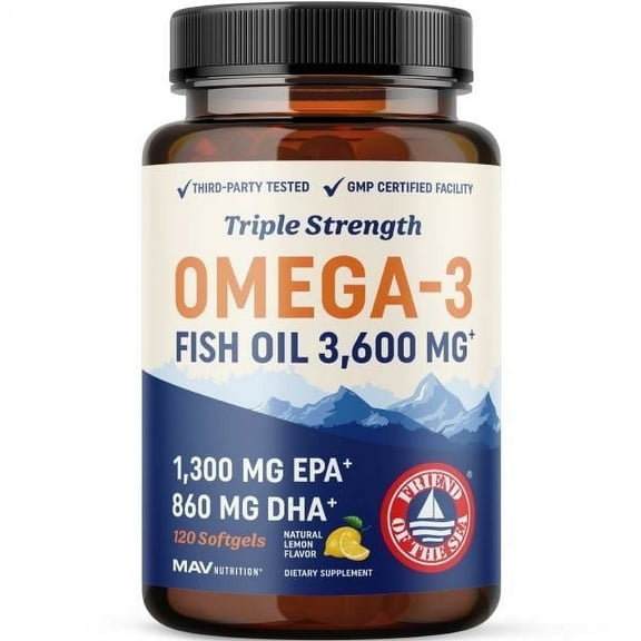 Triple Strength Omega 3 Fish Oil 3600 mg | EPA & DHA | Over 2100mg Omega-3 Fatty Acids | 1300mg EPA + 860mg DHA | Burpless Fish Oil Omega 3 Supplements | 120 Ct