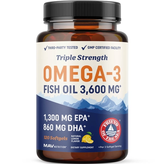 Triple Strength Omega 3 Fish Oil 3600 mg | EPA & DHA | Over 2100mg Omega-3 Fatty Acids | 1300mg EPA + 860mg DHA | Burpless Fish Oil Omega 3 Supplements | 120 Ct
