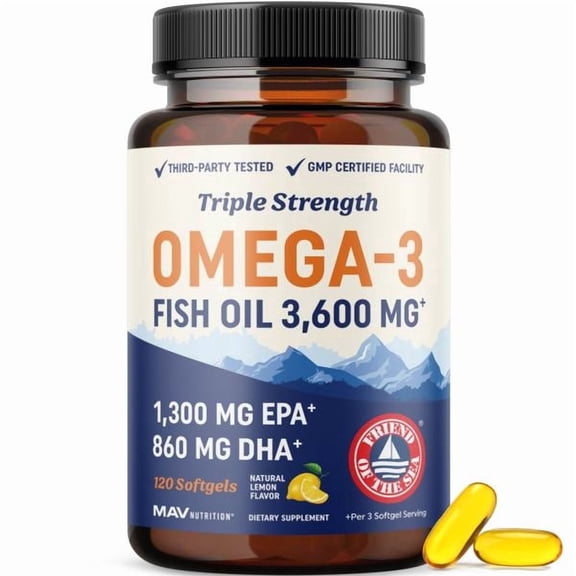 Triple Strength Omega 3 Fish Oil 3600 mg | EPA & DHA | Over 2100mg Omega-3 Fatty Acids | 1300mg EPA + 860mg DHA | Burpless Fish Oil Omega 3 Supplements | 120 Ct