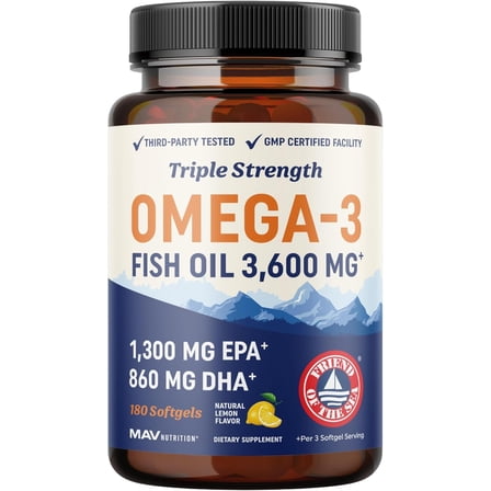 MAV Nutrition Omega 3 Fish Oil 3600 mg, EPA & DHA, Non-GMO, 180 Ct