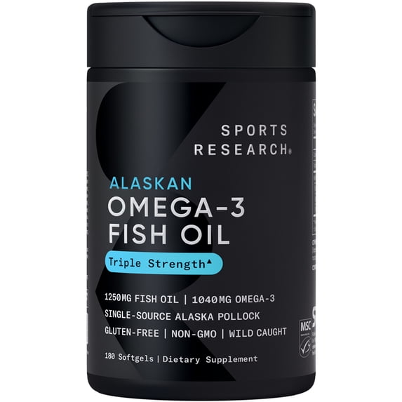 Sports Research® Triple Strength Omega 3 Fish Oil Burpless Supplement EPA DHA Fatty Acids (180 Softgels)