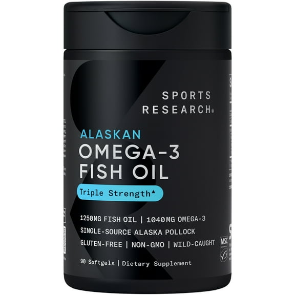Sports Research® Triple Strength Omega 3 Fish Oil Burpless Supplement EPA DHA Fatty Acids (90 Softgels)
