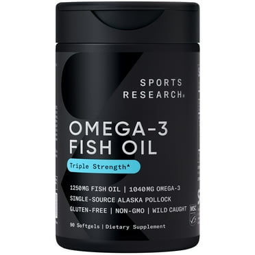 Sports Research® Triple Strength Omega 3 Fish Oil Burpless Supplement EPA DHA Fatty Acids (90 Softgels)