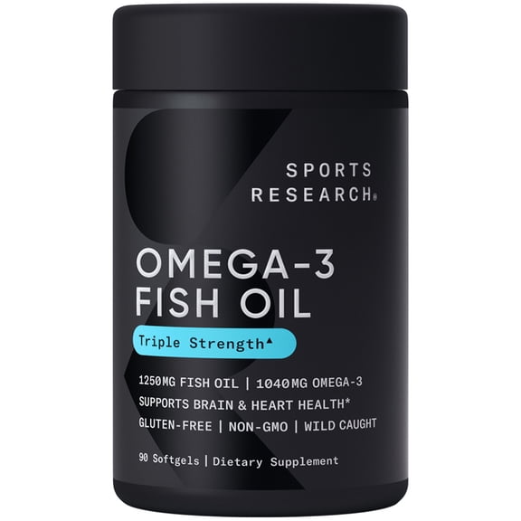 Sports Research® Triple Strength Omega 3 Fish Oil 1250mg Wild Alaska Pollock Burpless (90 Softgels)