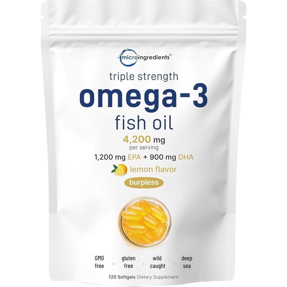 Micro Ingredients Triple Strength Omega 3 Fish Oil 4200mg Per Serving, 120 Softgels | Source from Norwegian Deep-Sea Fish, Lemon Flavored, Burpless