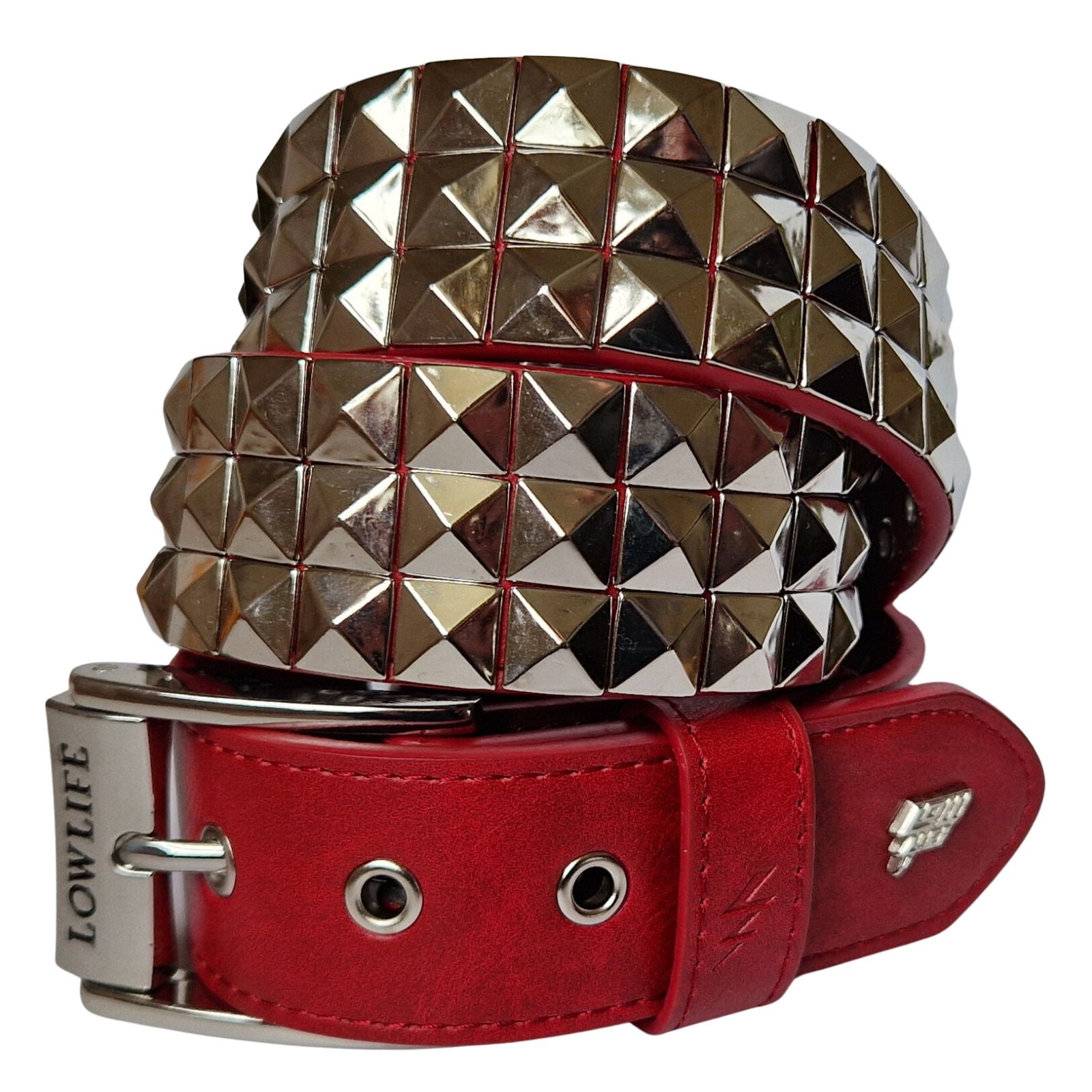 Triple Studded Leather Belt Red and Silver - Lowlife in size  display picture 2