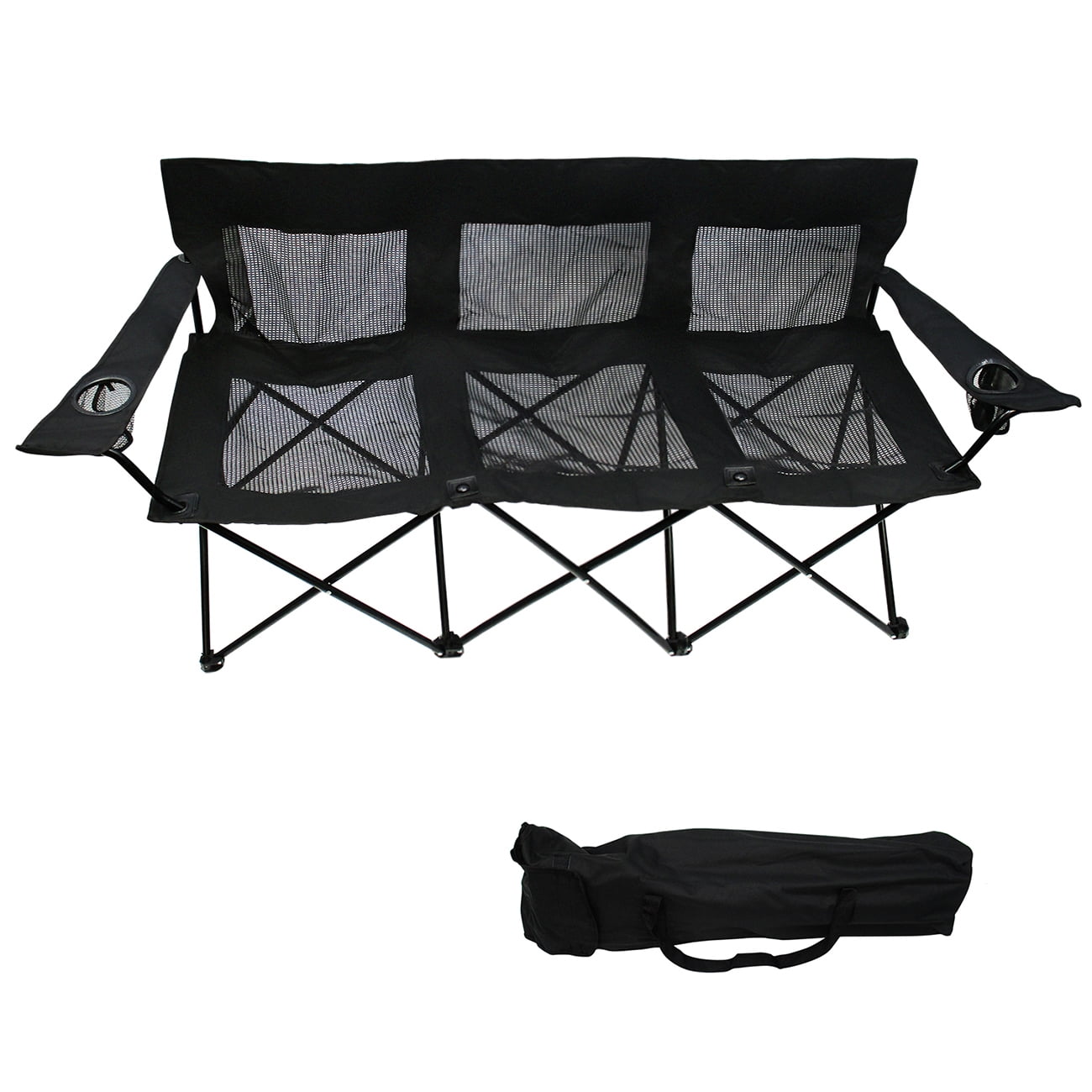 Black Mesh Triple Seater Folding Camp Chair with Steel Frame