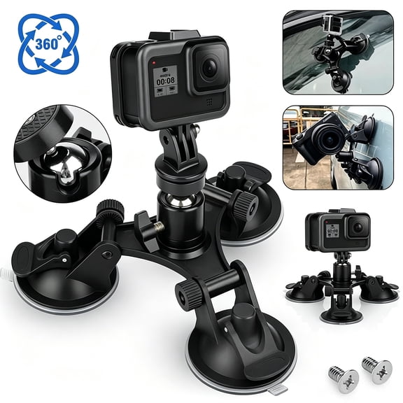 Triple Suction Cup Camera Mount, 360 Rotatable Ball Head with 1/4 Inch Thread for GoPro DJI OSMO Action Camera